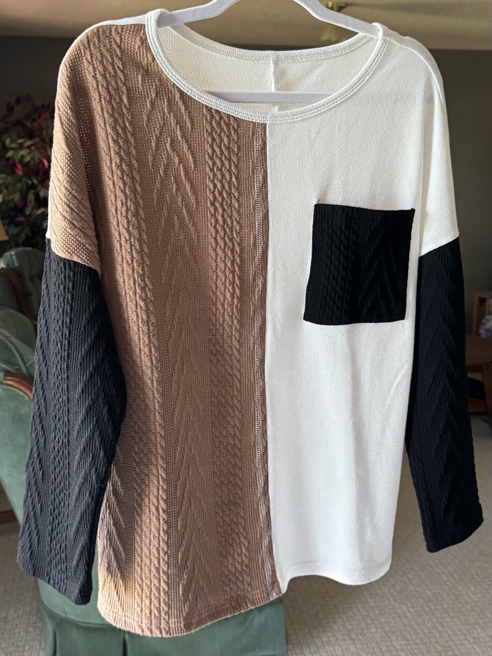 Colorblock Cable Knit Pullover Sweater - Brown/White/Black